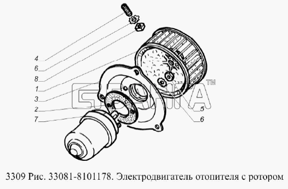 ГАЗ ГАЗ-3309 (Евро 2) Схема Электродвигатель отопителя с ротором-55